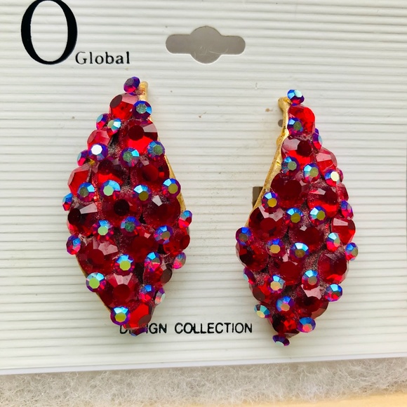 NWT O Global Red/Blue Rhinestone Clip-On Earrings - Picture 3 of 4